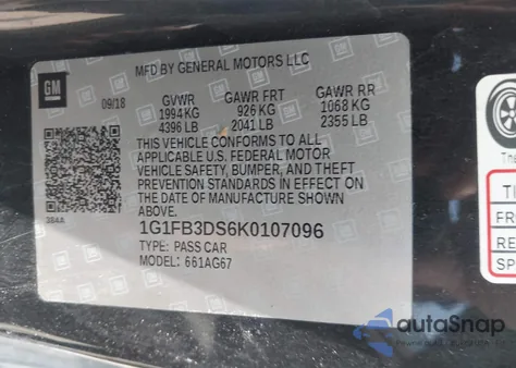 2019 Chevrolet Camaro 1Lt z USA, uszkodzony, nr VIN 1G1FB3DS6K0107096